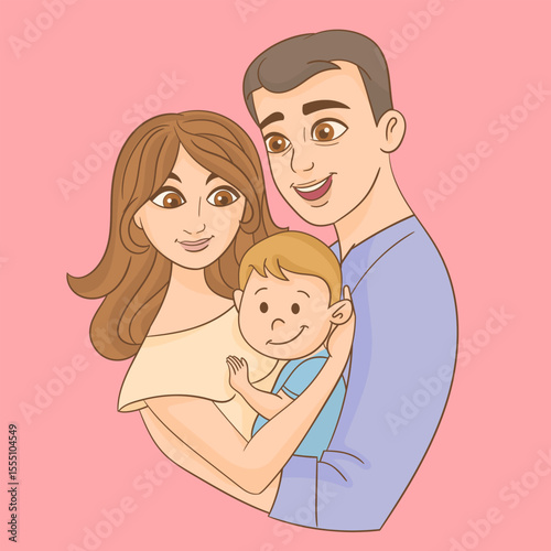 Set of happy traditional heterosexual families with children. Smiling mother, father and kids. Cute cartoon characters isolated on white background. Colorful vector illustration in flat style.