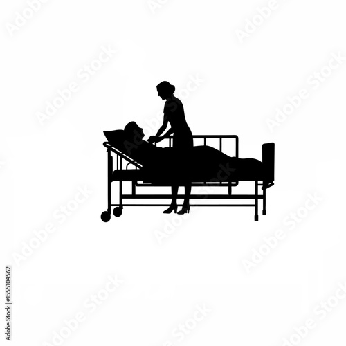 Silhouette of a nurse taking care of a patient in a hospital room on white background