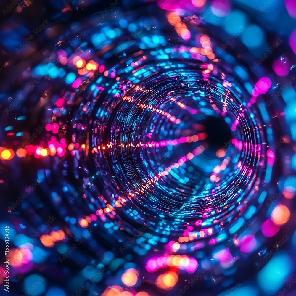 Fototapeta premium Abstract Data Tunnel with Neon Light Trails and Bokeh Effect