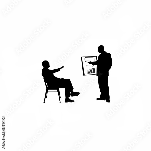 Silhouette of a person consulting a financial advisor about investments on white background