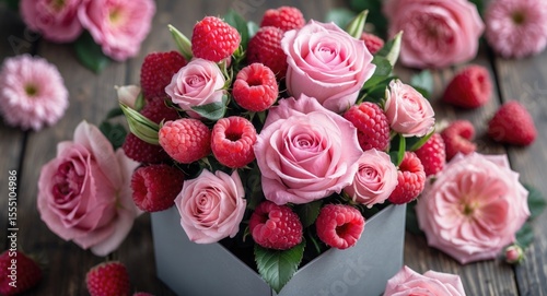 A bouquet of pink roses and raspberries in a white box with petals scattered around on a wooden surface.