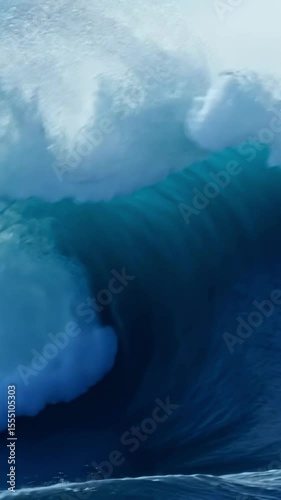 Large waves crash against the shore during a sunny day at the beach creating dramatic splashes and ocean foam