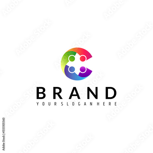 C letter logo with community group of people in colorful design style