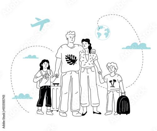 Set of happy traditional heterosexual families with children. Smiling mother, father and kids. Cute cartoon characters isolated on white background. Colorful vector illustration in flat style. 