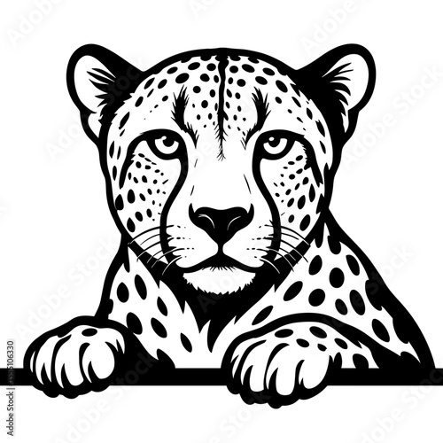 A striking black and white illustration captures the iconic essence of a cheetah's gaze, revealing its fierce intensity and elegance.