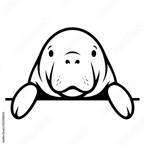 A charming illustration of a manatee, featuring a minimalist design with black outlines, showcases its gentle features and inquisitive expression. vector illustration
