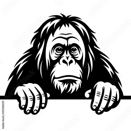 Orangutan peeking over a sign, black and white illustration, primate, ape, wildlife, animal, jungle, forest, nature, zoo, conservation, endangered species, symbol, icon, logo, design, graphic, art.