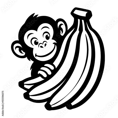 A charming monkey clutching a bunch of fresh bananas in a playful and friendly scene, depicting the joy of healthy eating and a touch of tropical fun.