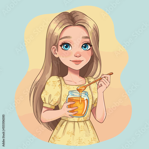 Young girl holding jar of honey and smiling for Honey Spas holiday  