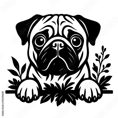 A charming pug, rendered in a graphic, illustrated style. Its expressive eyes and playful nature come to life in this simple yet endearing image.
