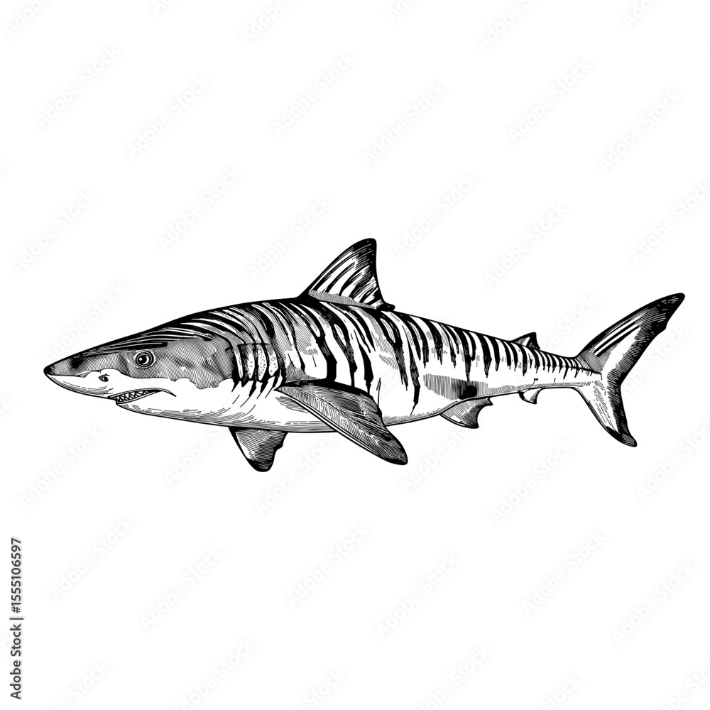 Fototapeta premium Tiger shark illustration, monochrome, marine predator, ocean wildlife, predatory fish, sea creature, aquatic animal, black and white drawing, detailed sketch, wildlife art, animal illustration.