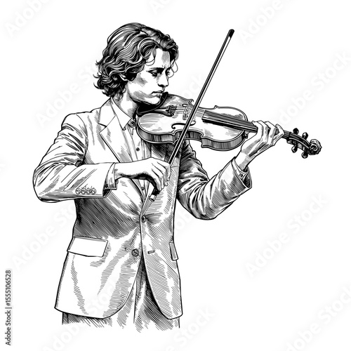 An artistic representation captures a violinist in a suit passionately playing, revealing detail in a striking monochrome style.