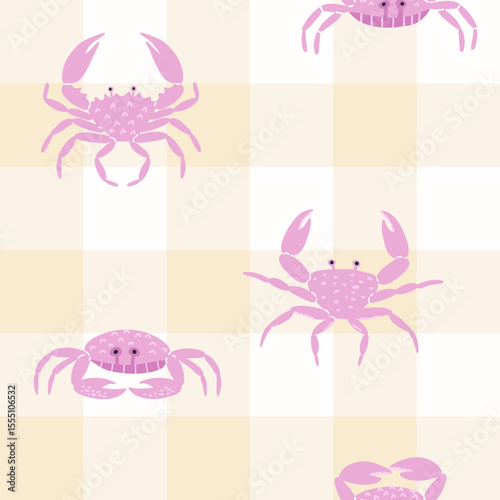 Seamless pattern with cute pink crabs on a beige checkered background. Ideal for children textiles, beach-themed products, and summer decorations.