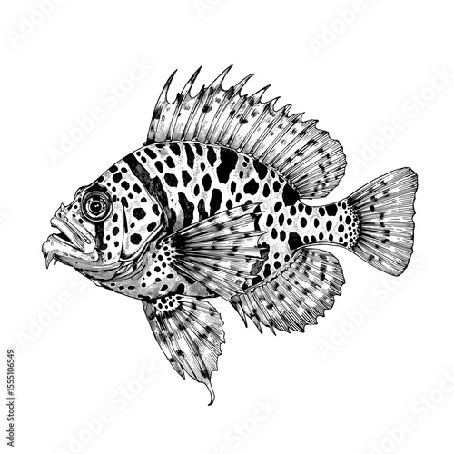 Detailed illustration of a spotted fish, showcasing intricate details of its scales, fins, and body shape. The monochromatic style emphasizes the creature's unique features.