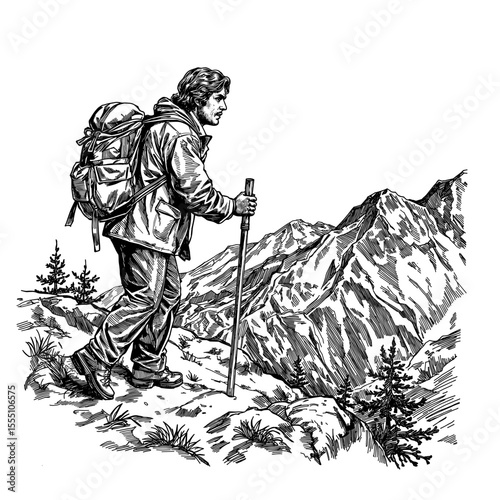 A determined hiker, embarking on a scenic trek, with the rugged mountainous landscape and the silhouette of a man. This artwork evokes a sense of adventure.