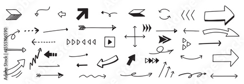 Hand Drawn line art Arrows set collection on transparent Background