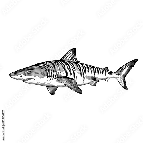 Tiger shark illustration, monochrome, marine predator, ocean wildlife, predatory fish, sea creature, aquatic animal, black and white drawing, detailed sketch, wildlife art, animal illustration.