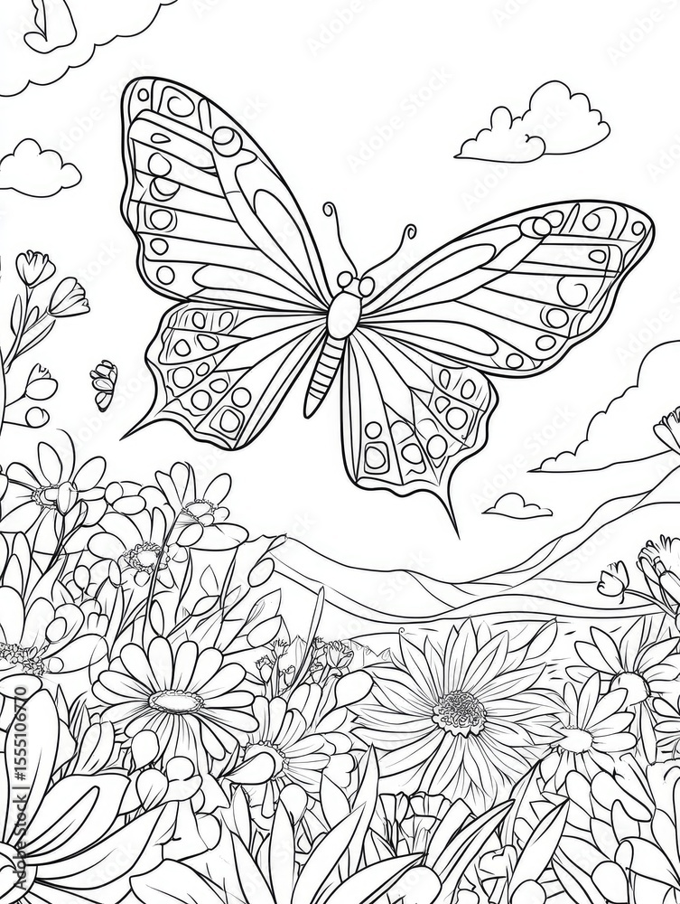 Obraz premium Black and white line art coloring page featuring a detailed butterfly amidst flowers and landscape
