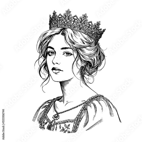 A regal and elegant queen, adorned with a majestic crown, embodies power and grace, her gaze direct and captivating in a classic black and white artistic rendering. vector illustration
