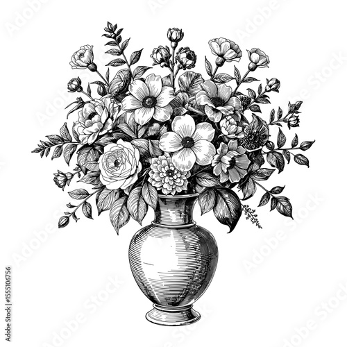 Elegant monochrome bouquet of flowers in a classic vase. A timeless image perfect for vintage design projects and adding a touch of classic beauty.