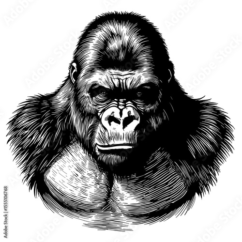 Gorilla portrait, black and white, strong, powerful, intense gaze. 