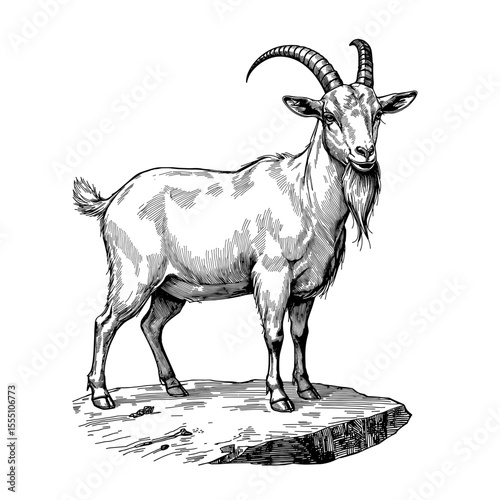 A majestic goat stands proudly on a rock, showcasing its distinctive horns and detailed coat in a captivating sketch. This monochromatic artwork exudes a sense of strength and rustic charm.