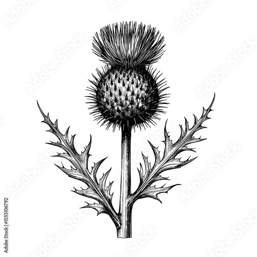 A detailed, vintage botanical illustration of a thistle, rendered in elegant lines and intricate shading, showcasing its spiky leaves and distinct flower. A symbol of resilience and enduring beauty.