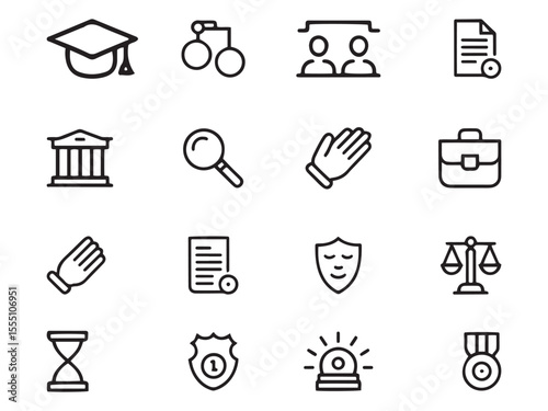 Law and Justice Education Icon Set – Legal, Court, and Police Outline Symbols