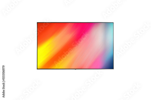 Sleek modern flatscreen television displaying vibrant abstract colors in a bright, contemporary living room setting with natural light streaming in