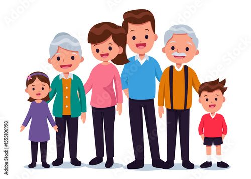 Set of happy traditional heterosexual families with children. Smiling mother, father and kids. Cute cartoon characters isolated on white background. Colorful vector illustration in flat style. 