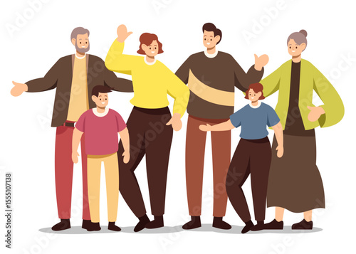 Set of happy traditional heterosexual families with children. Smiling mother, father and kids. Cute cartoon characters isolated on white background. Colorful vector illustration in flat style. 