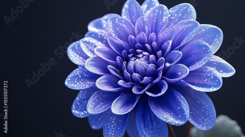 Close-up of a vibrant blue dahlia with water droplets