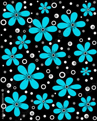 Bright blue floral pattern on a black background with white polka dots 