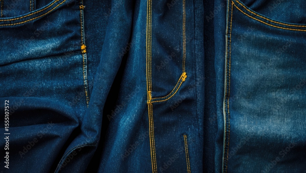 Naklejka premium Close-up of denim jeans with visible stitching and pockets. Casual fashion, clothing detail, and textile texture.