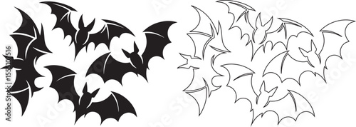 Flying Bat Silhouette and Outline Set for Halloween Designs
