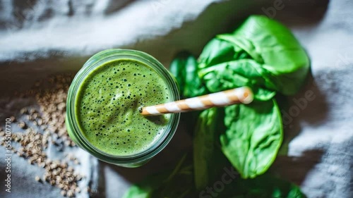 A vibrant green smoothie in a glass jar with a straw, surrounded by fresh spinach leaves and seeds on a textured fabric backdrop