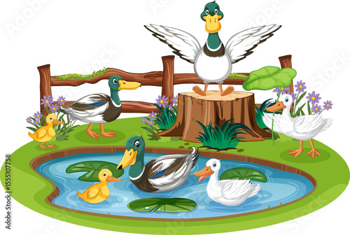 Duck family in pond