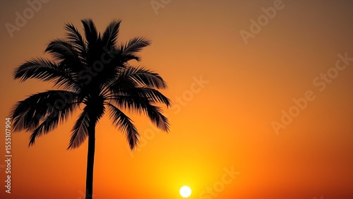 Single tropical palm tree silhouette against sunset sky with warm golden hour lighting and minimalistic composition.