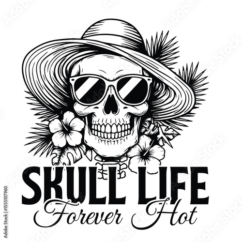 A stylish skull wearing sunglasses and a hat with tropical flowers for a summer funny t-shirt design