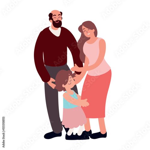 Set of happy traditional heterosexual families with children. Smiling mother, father and kids. Cute cartoon characters isolated on white background. Colorful vector illustration in flat style. 
