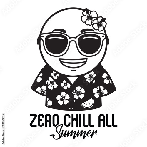 A vector illustration of a cheerful smiley face with sunglasses wearing a summer funny t-shirt design declaring zero chill all summer.