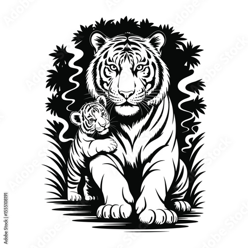  Bengal tiger and cub in jungle silhouette with misty atmosphere on black background