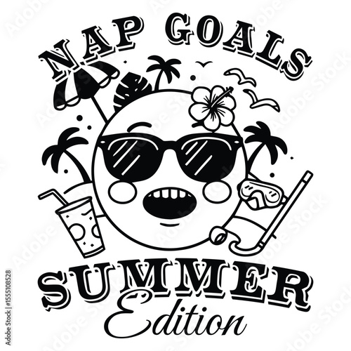 Adorable nap goals summer edition design with sun emoji wearing sunglasses for vacation relaxing and funny t-shirt design