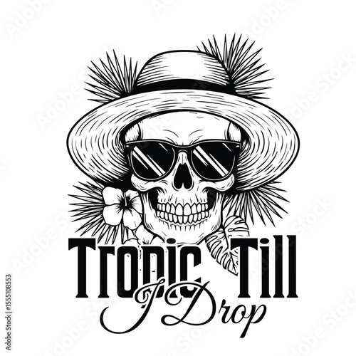 Artistic illustration of a cool skull wearing sunglasses a sun hat surrounded by tropical elements ideal for a summer funny t-shirt design