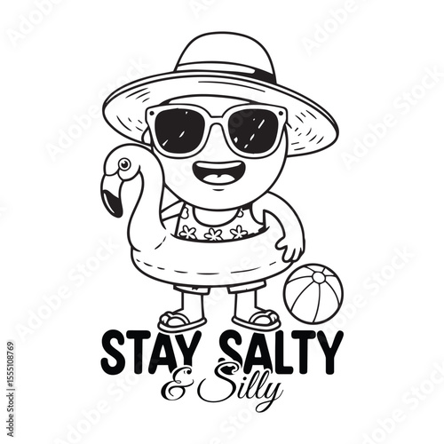 Black and white cartoon character enjoying summer days with flamingo floaties and a fun design for summer funny t-shirt design
