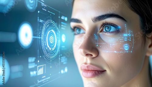 The Future of Vision: A woman gazes towards a futuristic interface, with elements of augmented reality overlaid upon her vision, demonstrating the technology of tomorrow.