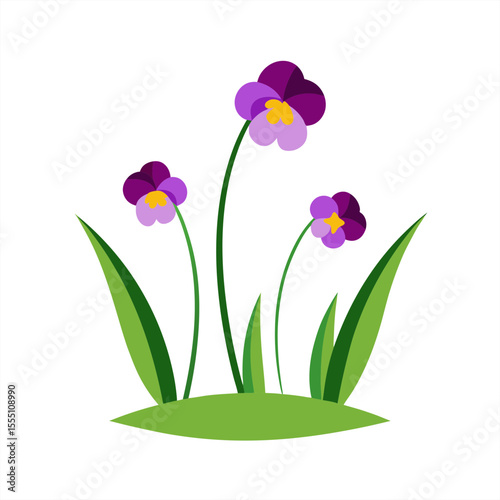 Cartoon Pansy Flowers in Curved Grass Vector on White Background