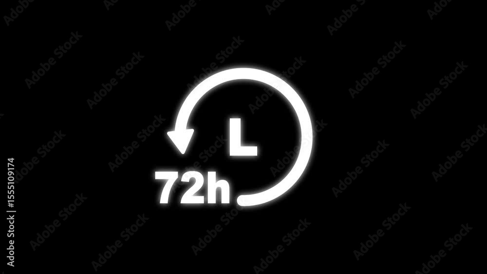 72 hours clock with circle arrow. Clock timer, time passage waiting time animation (4K) | 72 hours clock icon with moving arrows in 72 hour loop. Stopwatch animation.
