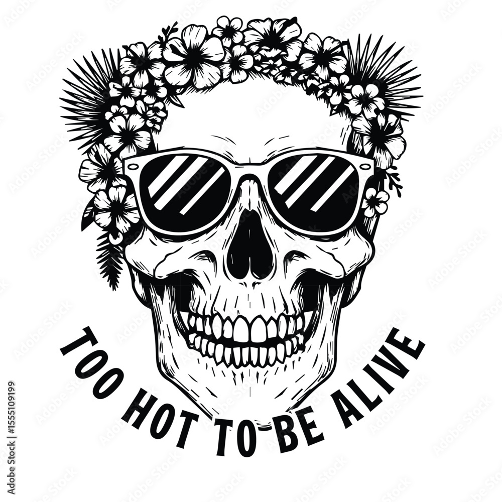 Fototapeta premium Black and white skull with sunglasses and floral crown with the phrase too hot to be alive perfect for a summer funny t-shirt design