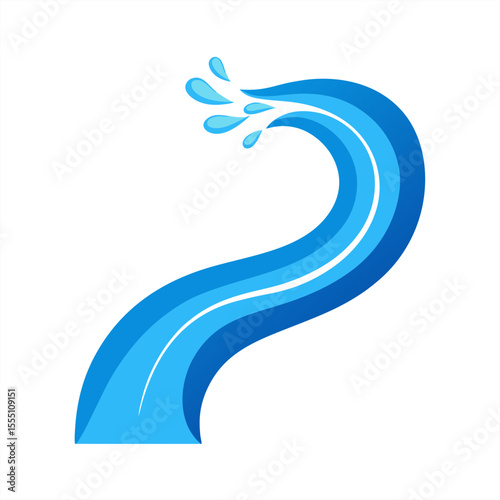 Clean Curved Water Stream with Splash Tips Vector on White Background